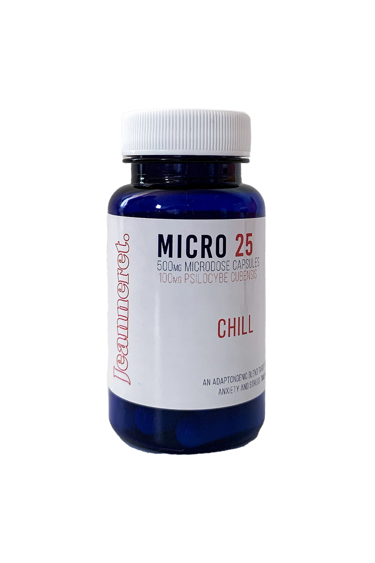 Jeanneret-Botanical-Micro-25-Chill-Microdose-Mushroom-Capsules Description Inspired By The Power Of Psilocybin To Enhance Our Daily Lives, Jeanneret Botanical Brings Innovative Health And Wellness Formulas To Those Seeking A New Experience. Female-Run And In-Tune With The Demand For An Elevated Approach To Living, They Aim To Provide Education And Accessible, High Quality Products That Modernize Self Care Rituals. They Invite You To Dip Your Toes In And Explore Adaptogens, Antioxidants And Psilocybin In All Of Their Synergistic Glory. A New Paradigm Of Health Has Arrived. Dip Your Toes In. Dig A Little Bit Deeper. Take The Plunge. Jeanneret Botanical Sources Locally Grown Golden Teacher Magic Mushrooms. Their Formulations Combine The Gentle Yet Powerful Effects Of Psilocybin Along With Complimentary Adaptogens And Nutrients To Give You The Best Experience Possible. Explore The Potential Benefits Of Jeanneret’s Microdosing Mushroom Capsules – It Could Be The Answer You’ve Been Looking For. Jeanneret Botanical Micro 25 (Chill) Microdosing Mushroom Capsules Is A Blend Of Ashwaganhda And Ginseng, Two Adaptogenic Powerhouses Come Together With Maca Root And Golden Teacher Magic Mushroom To Help Target Stress And Anxiety. How To Use: For Optimal Physiological Effects And To Minimize Psilocybin Tolerance, Take One Supplement Every 3 Days. Alternate Dosing Schedules Can Be Found Here. Each Bottle Contains 25 Supplements (Each Capsule Is 500Mg). Each 500Mg Capsule Contains: 100Mg Golden Teacher Mushrooms 175Mg Ashwagandha Root 100Mg Maca Root 100Mg Siberian Ginseng 025Mg Niacin Ingredient List: Ashwagandha Root: Balances Stress And Boosts Brain Power. Siberian Ginseng: Helps The Body Respond To Stress And Gives Support To The Central Nervous System. Maca Root: Reduces Stress; Increases Energy And Libido. Niacin: A B Vitamin That Helps To Ensure Psilocybin And Adaptogens Are Delivered Efficiently To Cells And Helps Boost Brain Function. Golden Teacher Shrooms: Commonly Known For Their Spiritual Properties And Ability To Increase Cognitive Awareness. Related Products