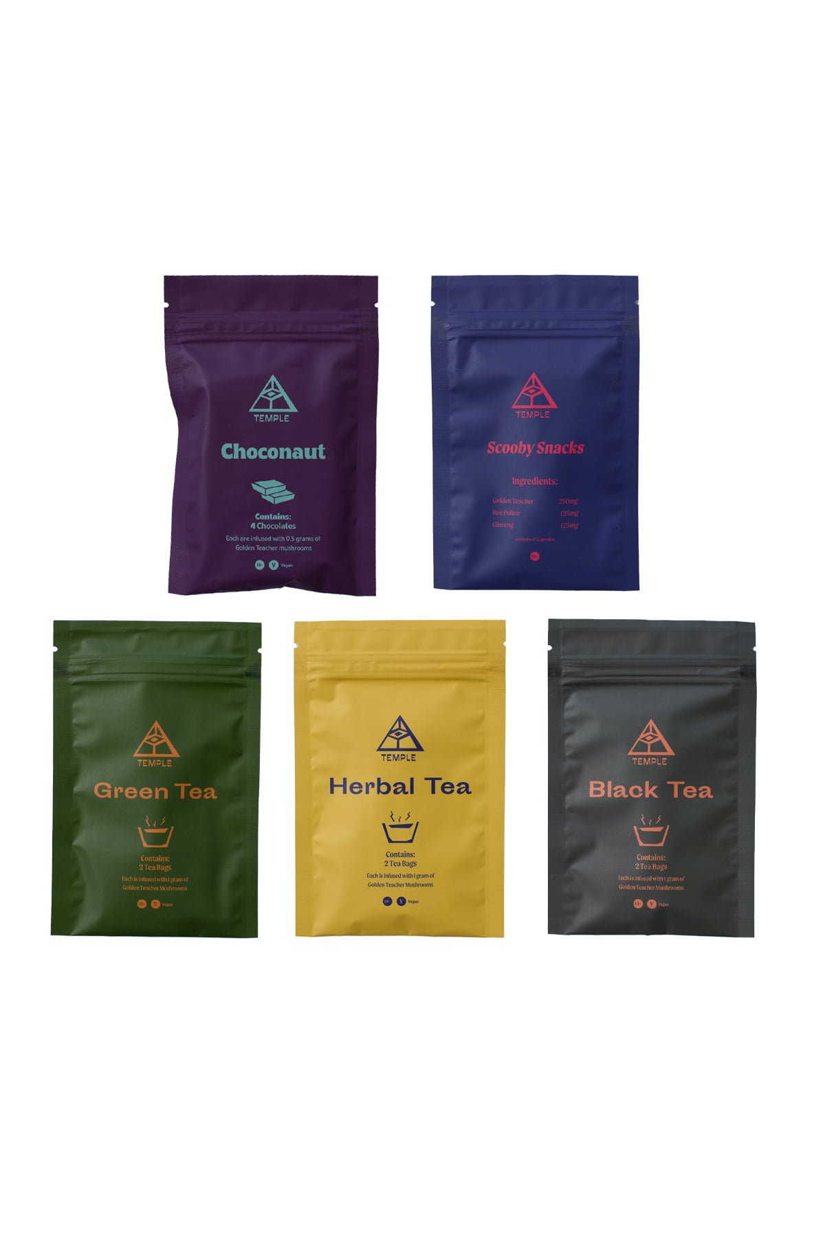 Temple-Teleport-Pack-Product Temple Teleport Sample Pack (20 Pieces Of Magic Mushroom Tea + Chocolate Choconaut + Scooby Snacks)