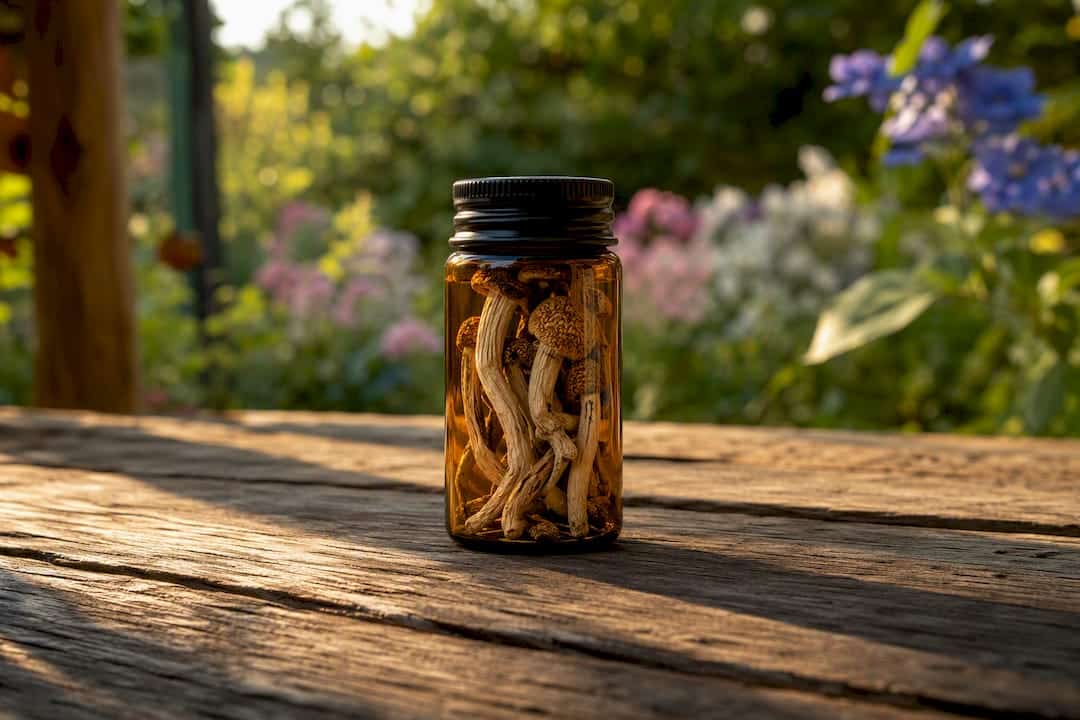 Close-up of vial with dried psilocybin mushrooms